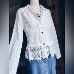 Poetcore White Eyelet Lace Button Down Jacket - XL - Romantic Boho